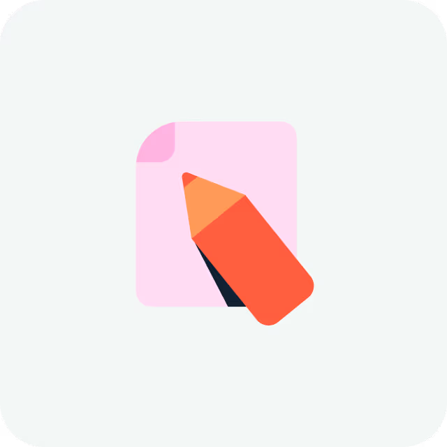 Icon showing a red pencil writing on a pink coloured document.