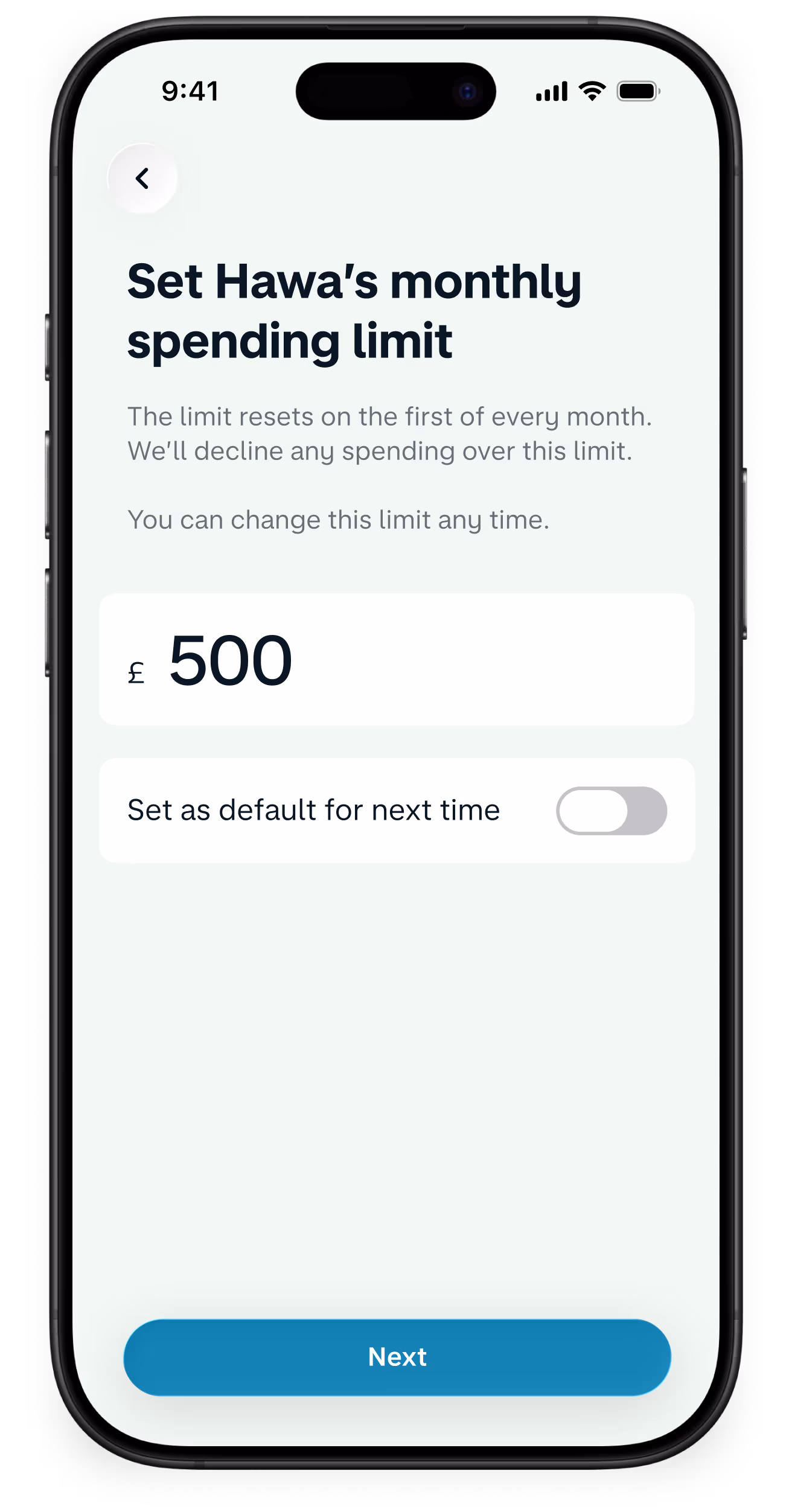 An app screenshot showing how an account admin can set an employee's spending limit