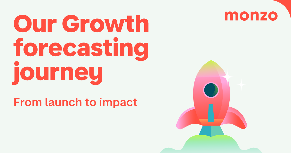 Title image showing the words 'Our Growth forecasting journey: from launch to impact' aligned to the top left in bright coral writing. Top right corner there is a 'monzo' logo in bright coral. There is a graphic of a brightly colour rocket ship taking off in the bottom centre-right section