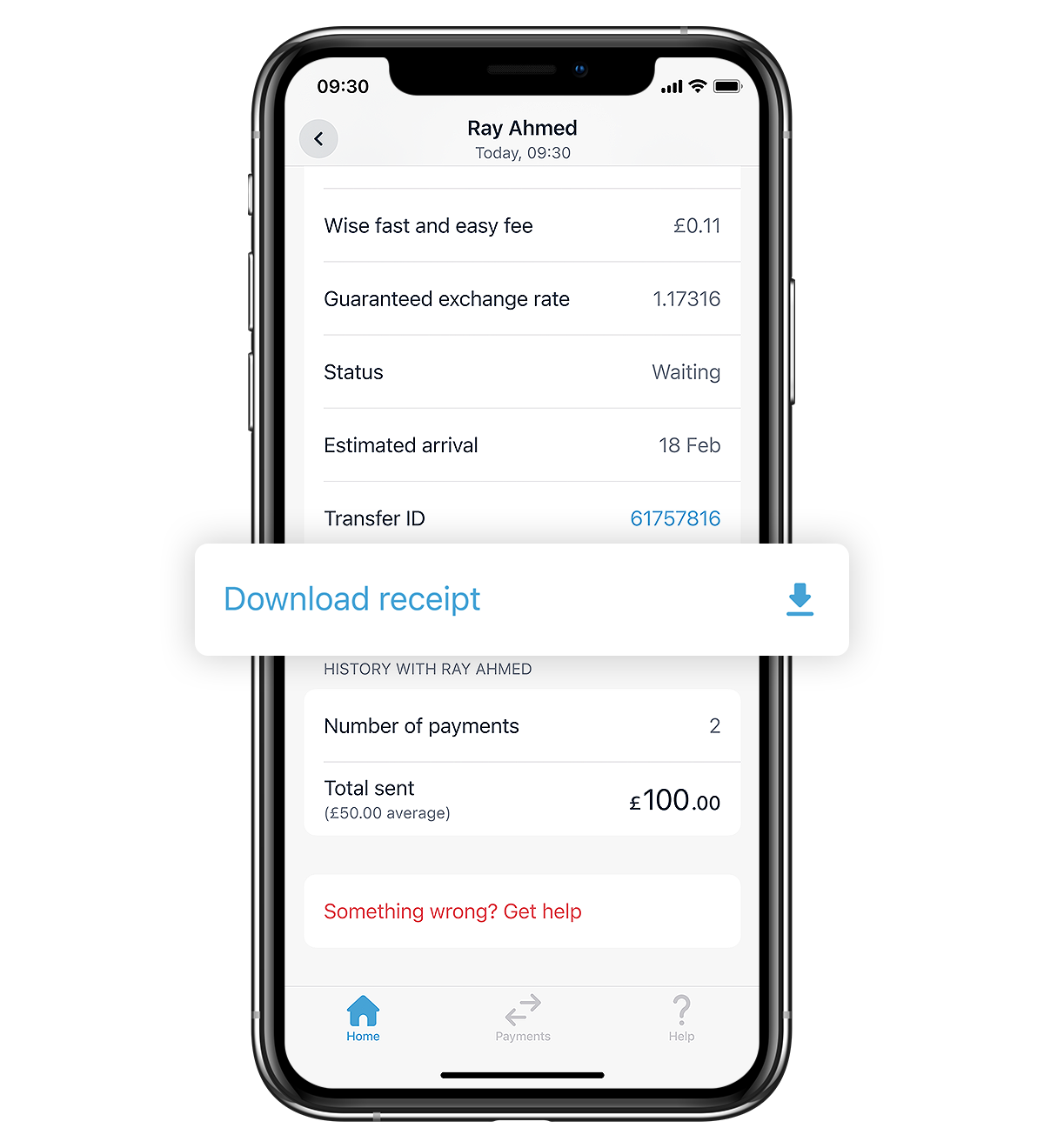 An international transfer transaction in the Monzo app, with 'Download receipt' emphasised.