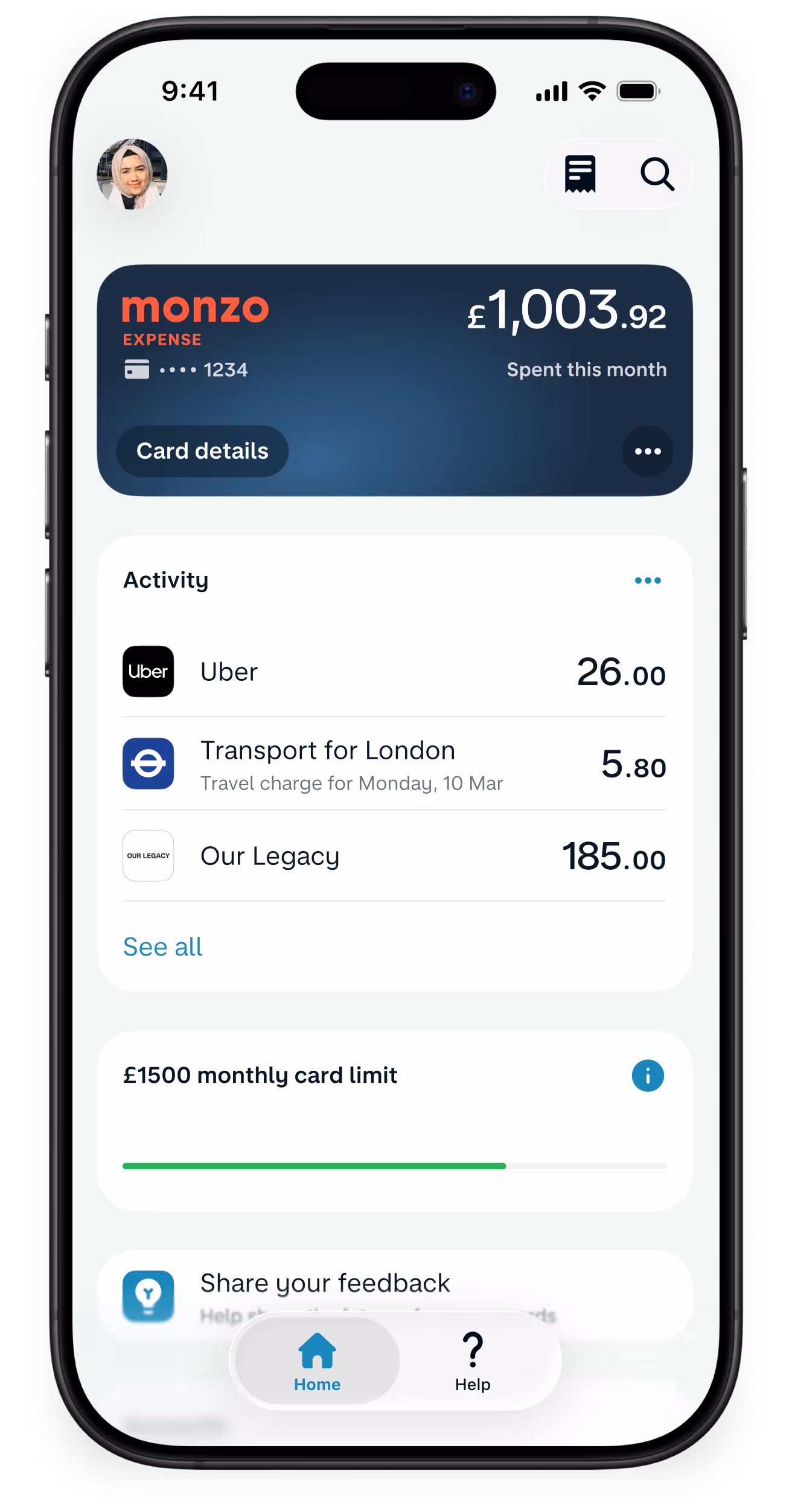 An app screenshot showing a Monzo Business account homescreen with an employee expense card limit shown