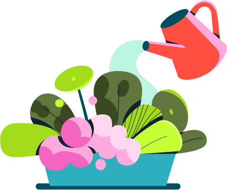 A watering can, watering a tray of plants