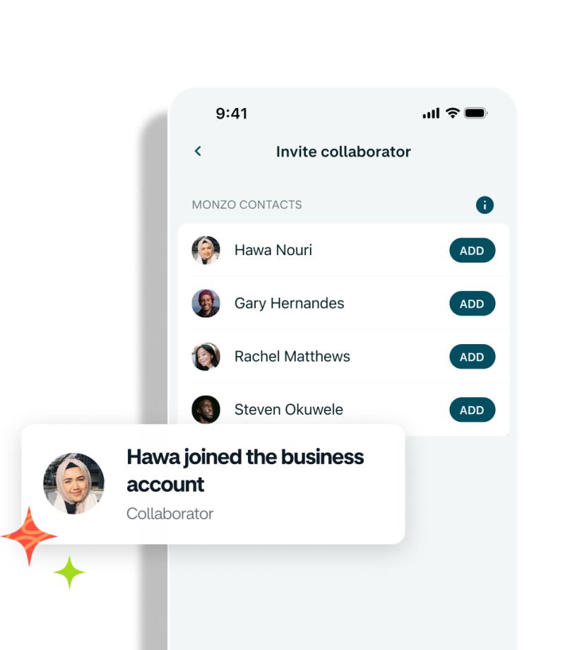 A device showing a list of collaborators in the Monzo app with a message saying a new collaborator has joined
