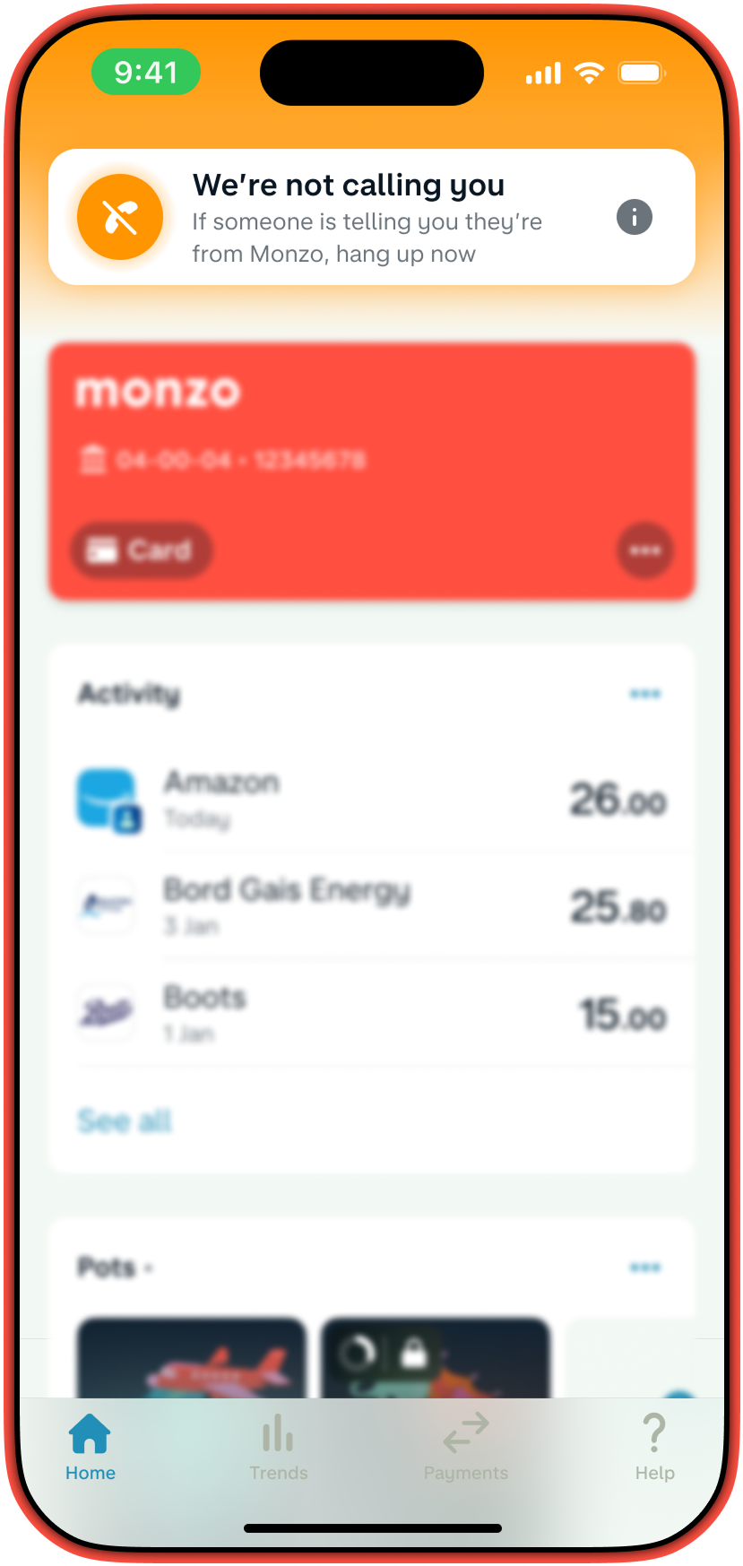 Image of the Monzo app home screen showing the transaction feed. At the top the Call Status banner is showing with the message 'We're not calling you'.
