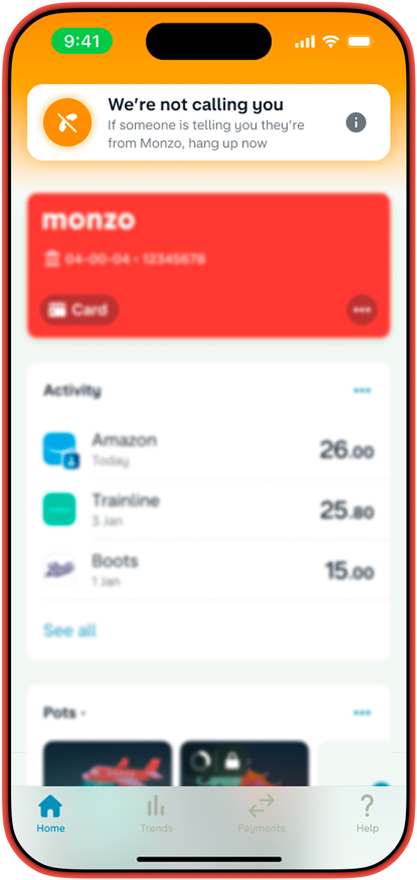 A smartphone displays the Monzo app's home screen, showing a hot coral card, recent transactions, and a "We're not calling you" security warning.