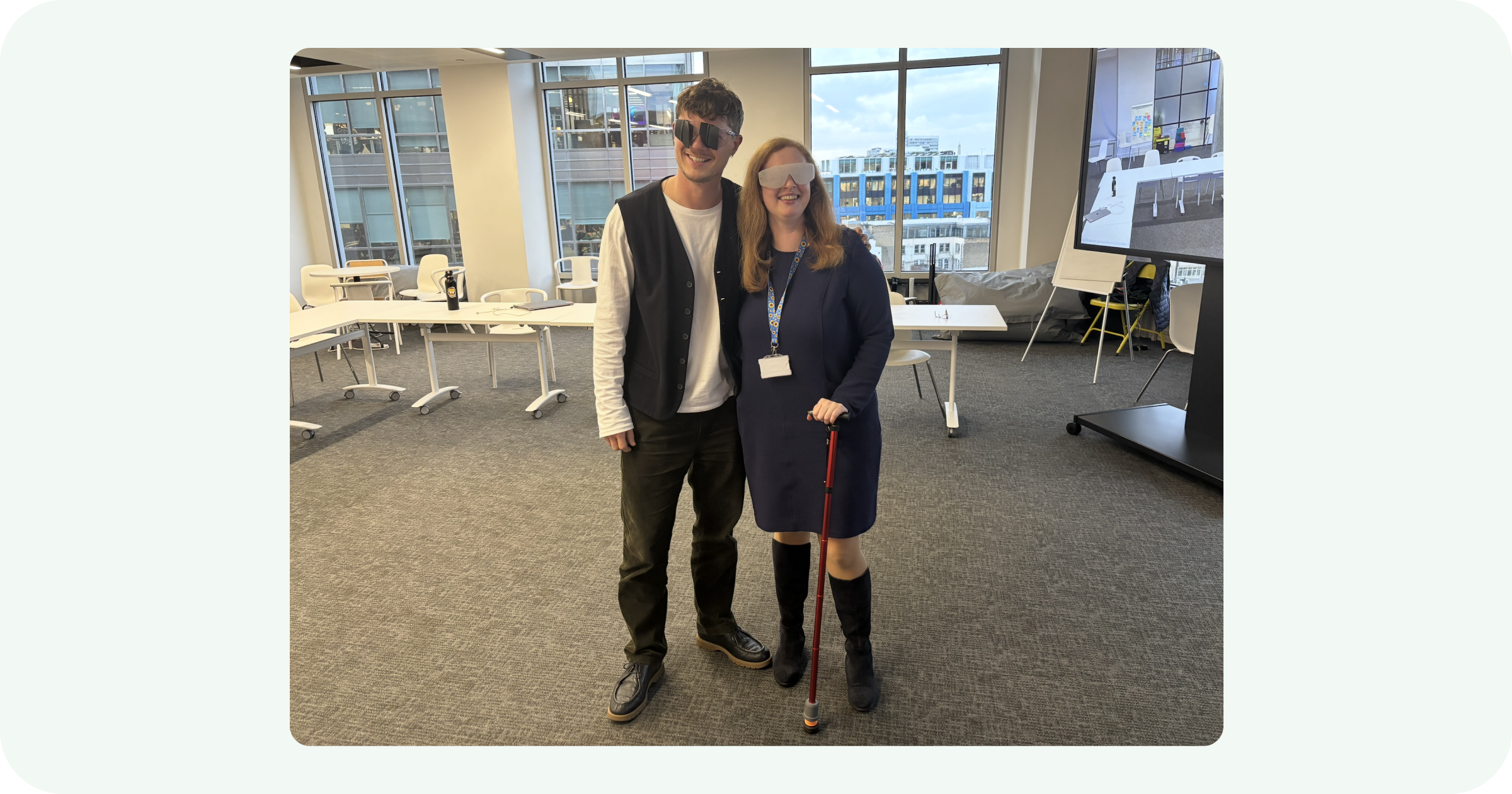 Image of the Product Designer, Almo, and the Accessibility and Inclusion manager, Elizabeth, wearing glasses that mimic visual impairments.