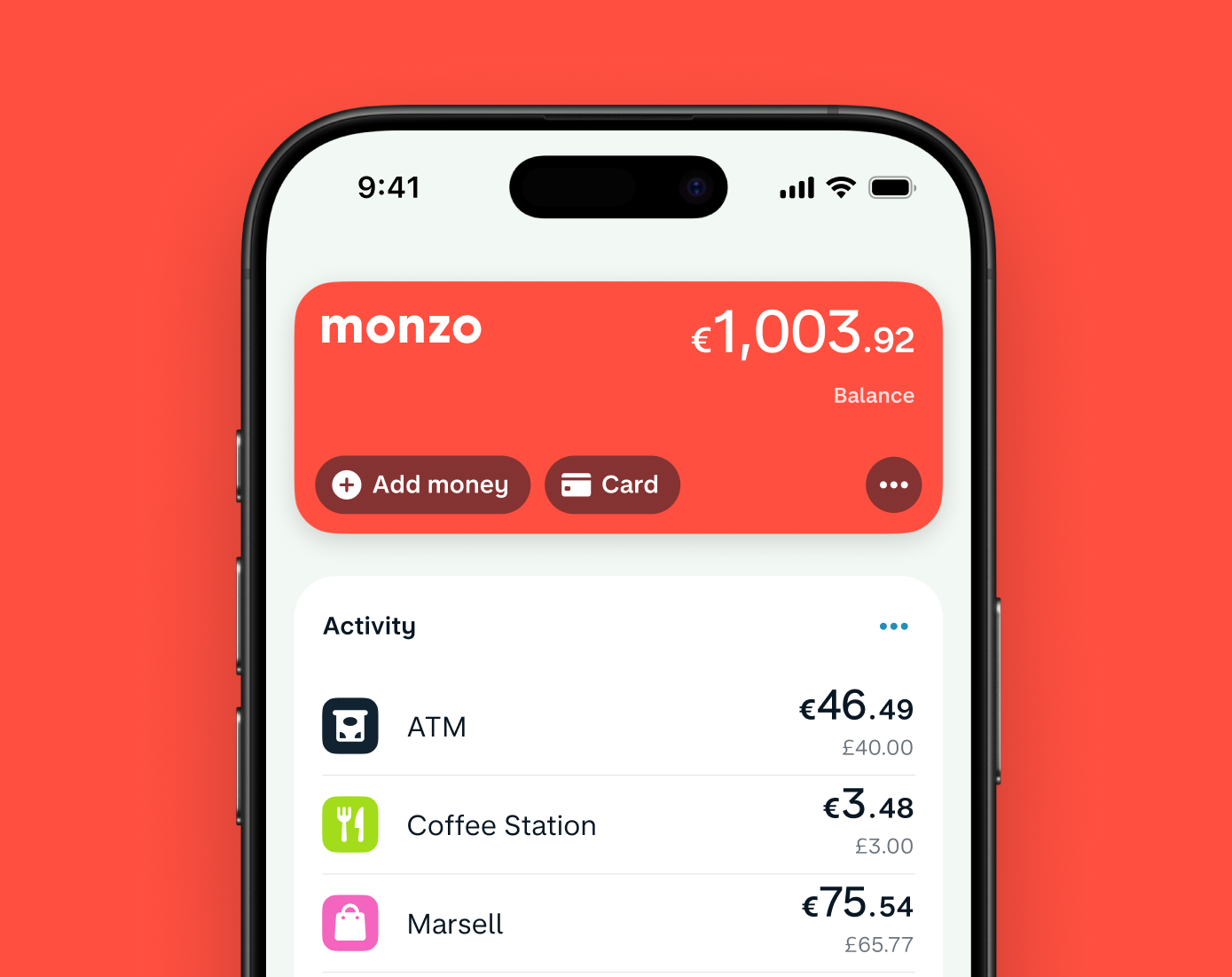 the Monzo UI on a phone with a hot coral background, showing card transactions with exchange rates at an ATM, coffee station and a purchase.