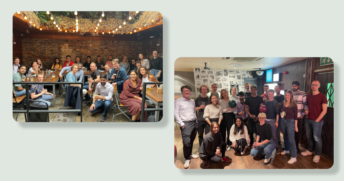 Two pictures side by side showing the Monzo Design & Research teams on days out of the office socialising. 