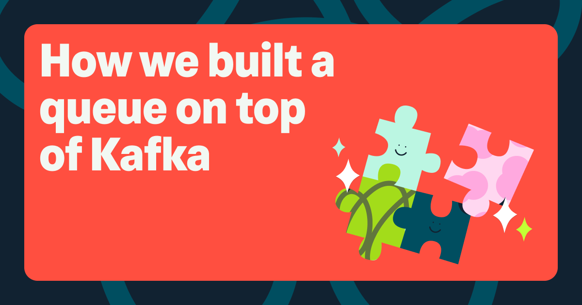 The title words 'How we built a queue on top of Kafka' against a hot coral Monzo background, with pictures of a puzzle graphic