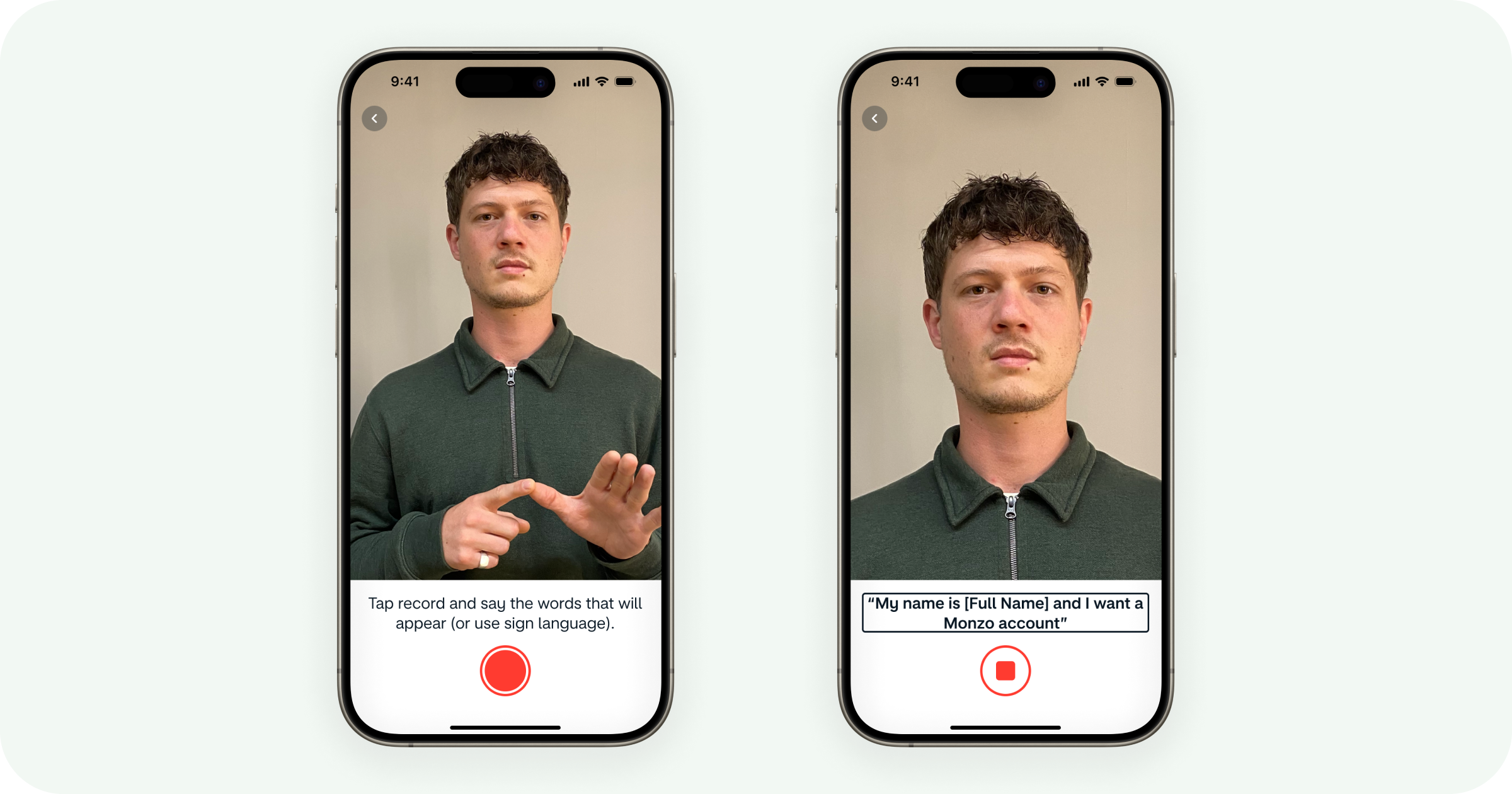 Image showing how the new selfie experience works for people that communicate with sign language and those that use screen readers. 