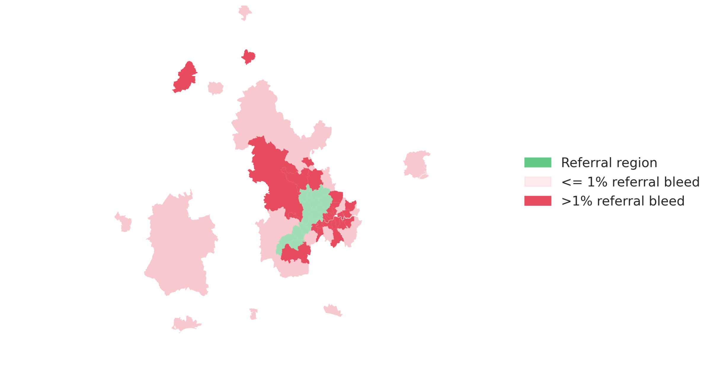 Chart showing an example of referral bleed from a chosen region into surrounding regions.