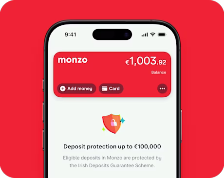The Monzo app showing the Hot Coral card and balance along with the Deposit Guarantee Scheme.