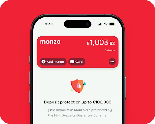 The Monzo app showing the Hot Coral card and balance along with the Deposit Guarantee Scheme.