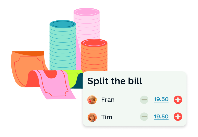 Image of money and the bill split UI. Fran and Tim are splitting the bill equally. 