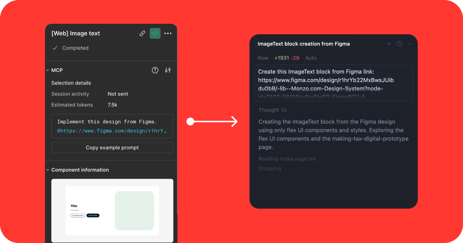 A diagram illustrating a 'vibe-coding' workflow, showing a Figma design token prompt on the left passing through an AI/MCP bridge to automatically generate layout code on the right.