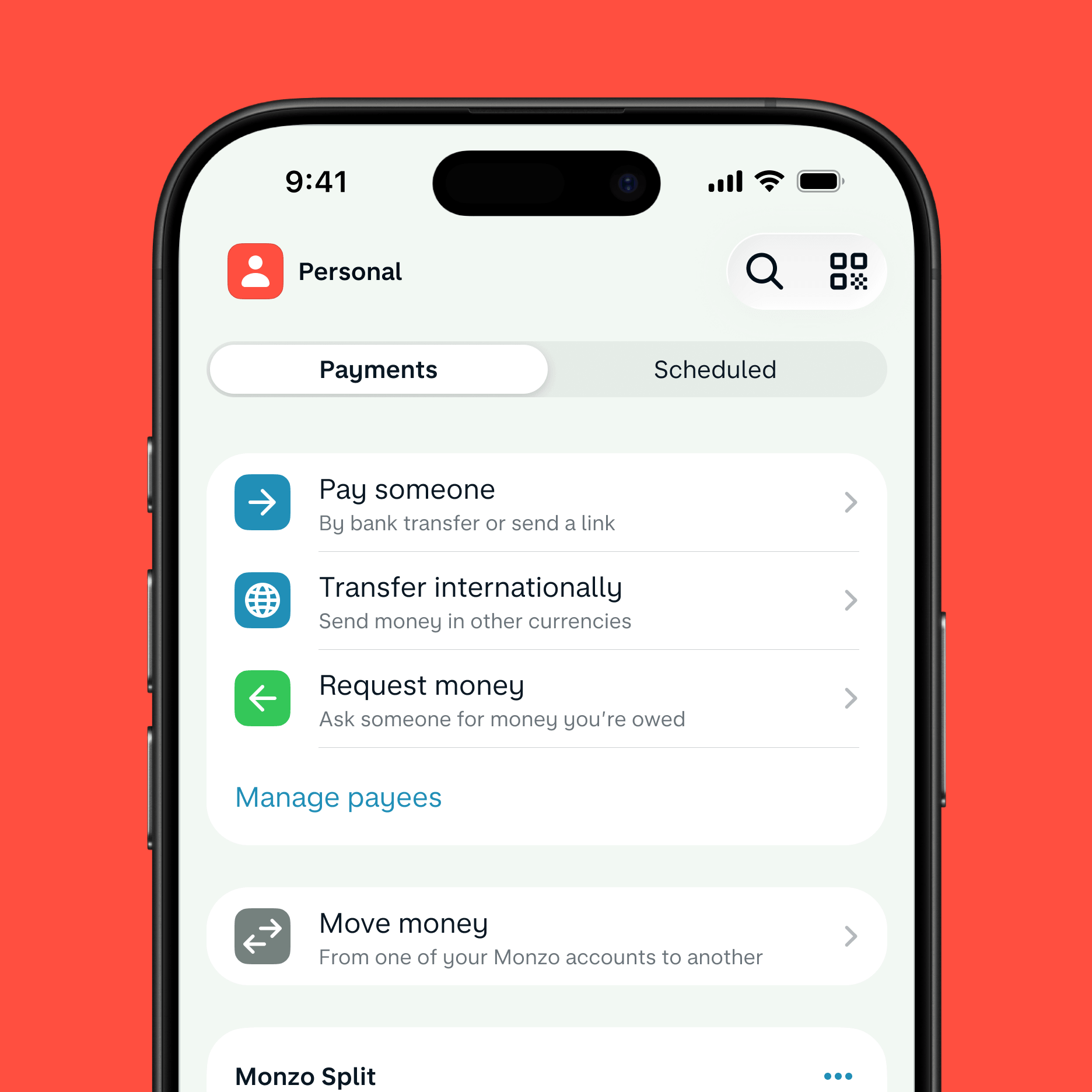 Mobile screen showing the Monzo payments tab 