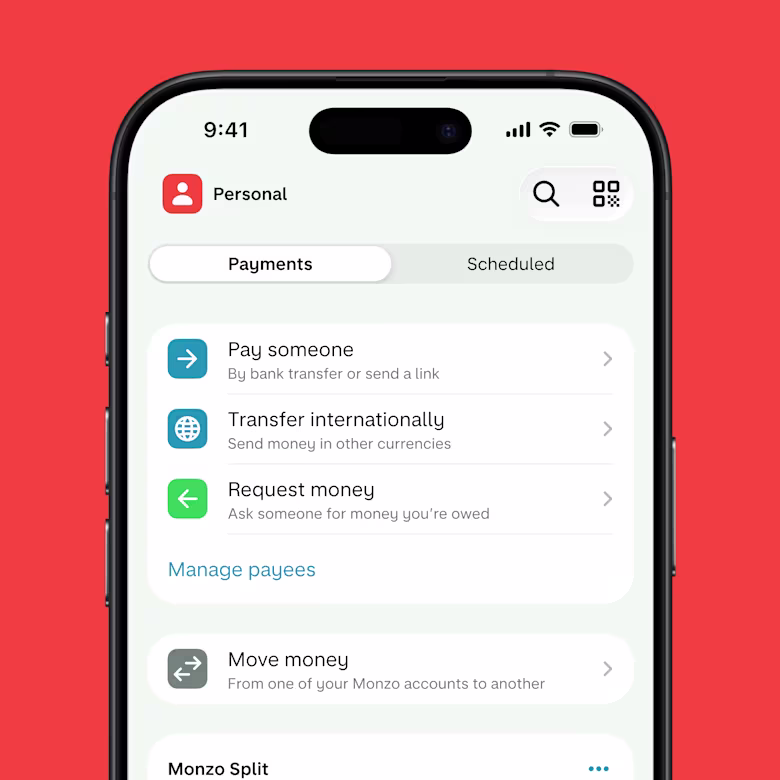 Mobile screen showing the Monzo payments tab