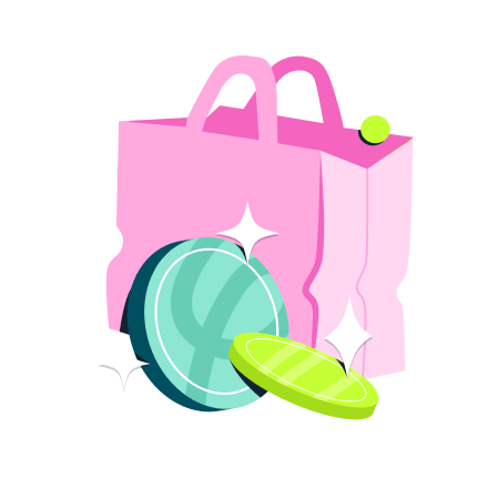 Illustration of a pink shopping bag with blue and green coins next to it.
