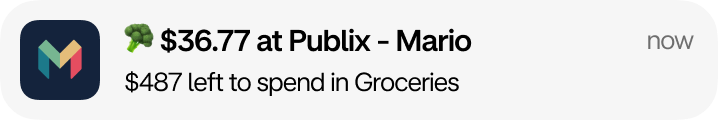 A push notification from Monzo showing $36.77 was spent at Publix by Mario from their joint account. Bottom text says "$487 left to spend in Groceries".