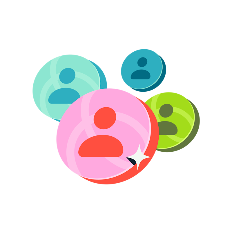 An colourful illustration of 4 people on coins. The pink one at the front has a glimmer.