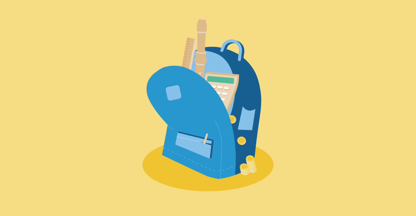 An illustration of a blue open bag with a calculator, recorder, and ruler poking out on a yellow background.