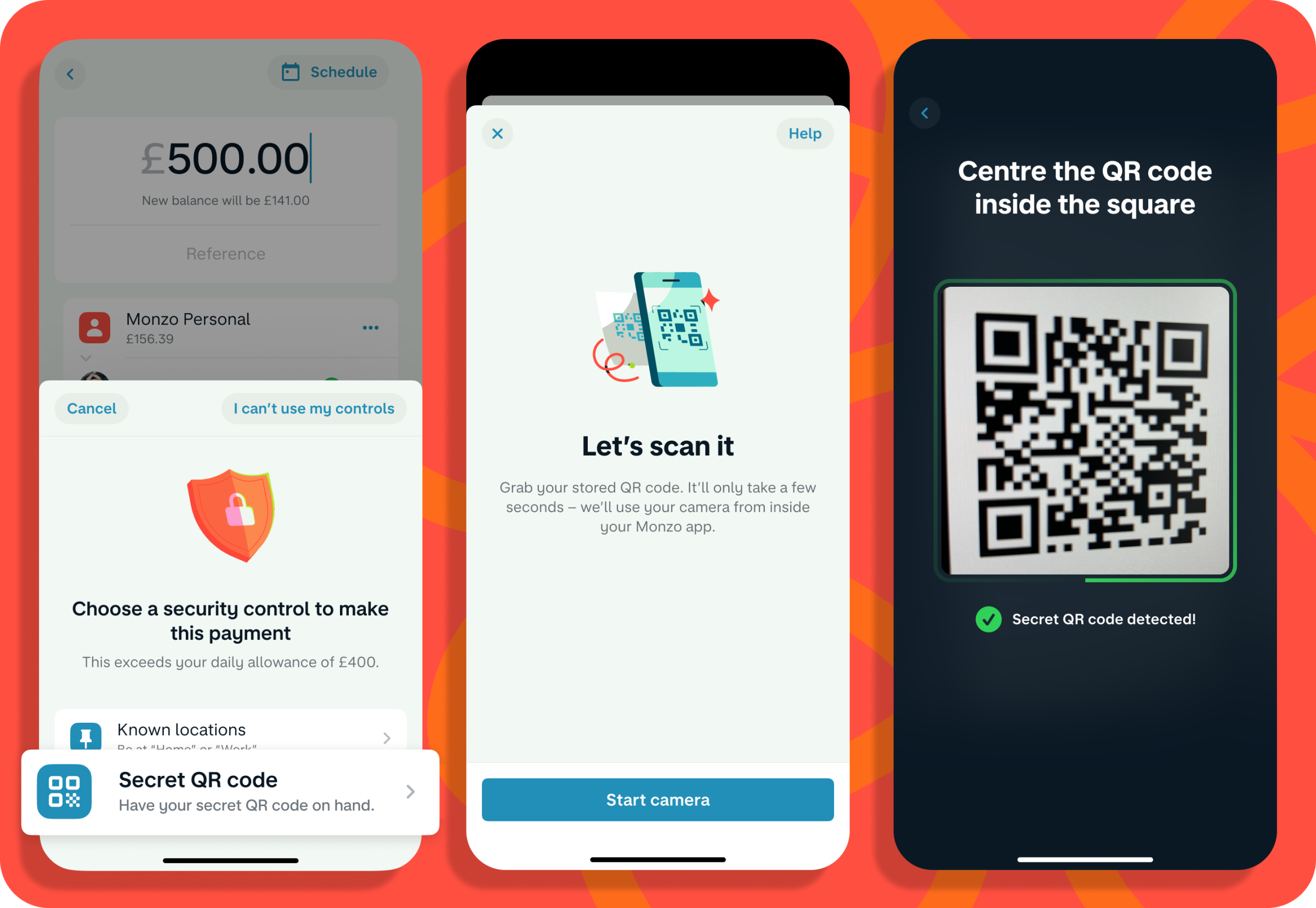 Three mobile phone screens showing the user interface of the Monzo app for setting up a secret QR code as a extra security control.