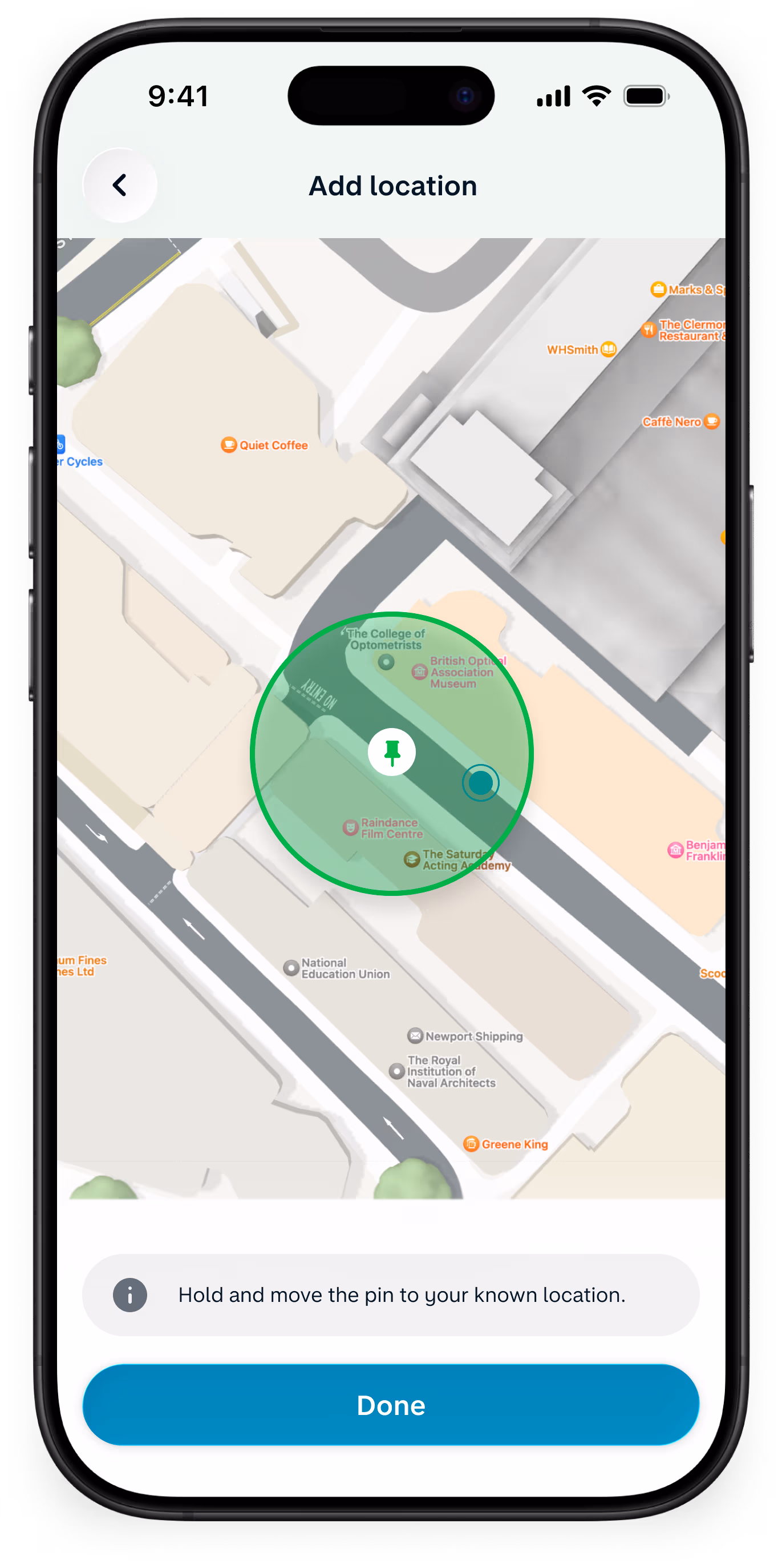 UI showing Monzo's extra security control - adding a known location.
