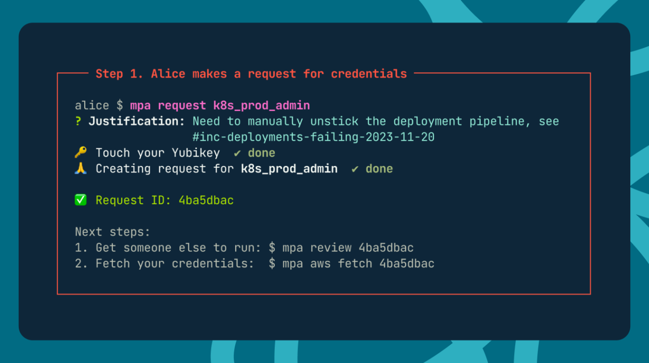 Screenshot demonstrating the command-line interface of the MPA system. The flow is split into three phases: (1) Alice requests credentials with mpa request (2) Bob approves this request with mpa review, and (3) Alice fetches her credentials with mpa fetch and uses them. 

Phase 1 is pictured