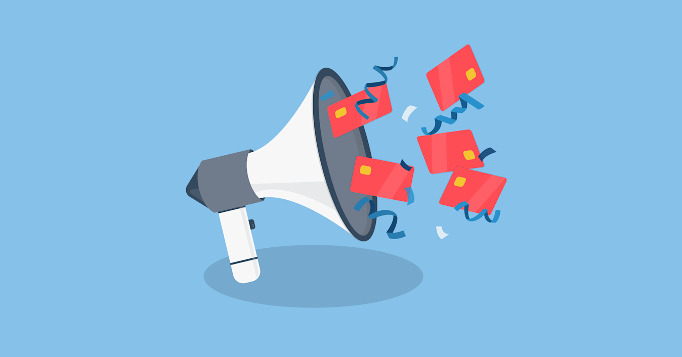 Illustration of a megaphone with Monzo cards and confetti coming out of it