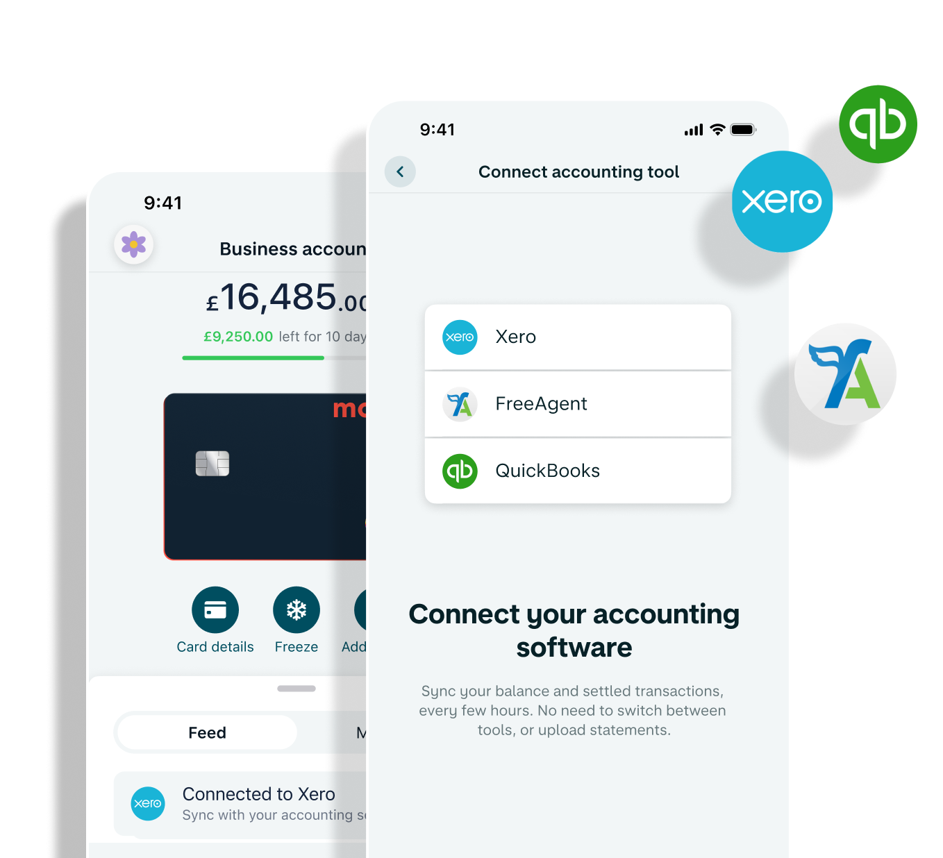 A device showing a business account in the Monzo app and connection options for Xero QuickBooks and FreeAgent