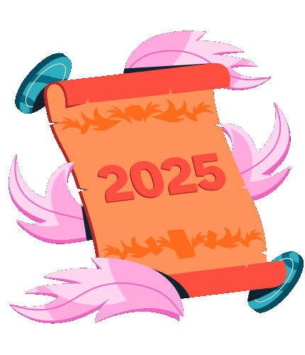 A colourful illustrated scroll with 'Year in Monzo' text, surrounded by pink feathers and teal coins.