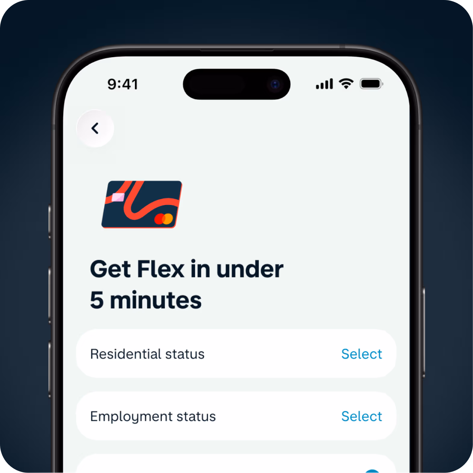 A phone screen showing the application form for Flex Credit Card shows
