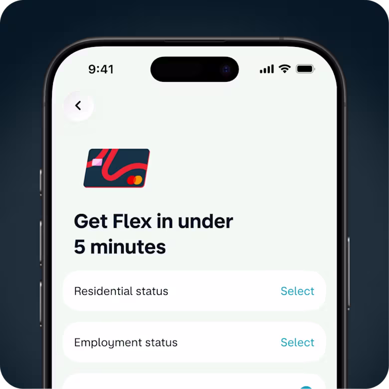 A phone screen showing the application form for Flex Credit Card shows