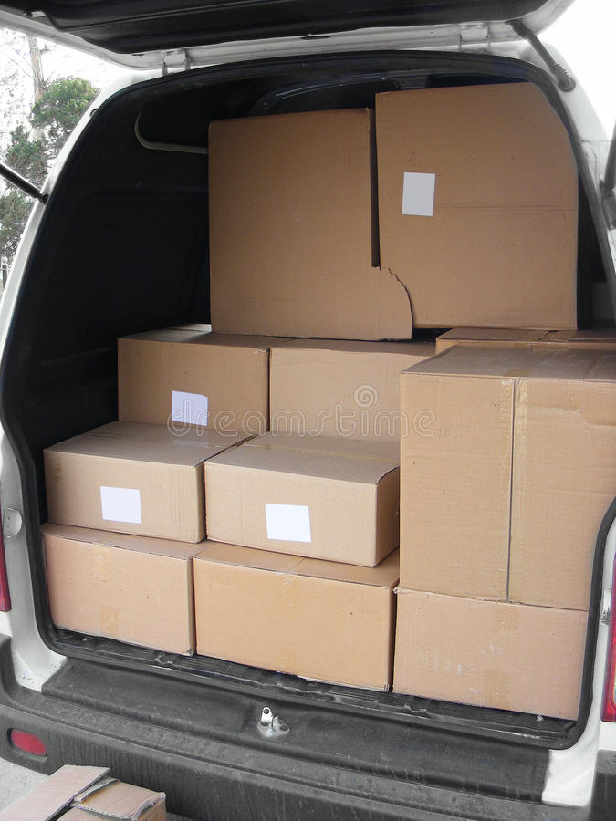 A stack of boxes in a van