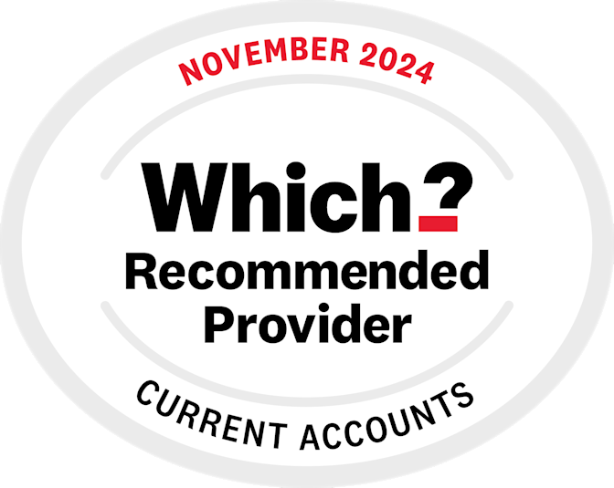 A crest reads: Which? Recommended Provider for Current Accounts, November 2024.