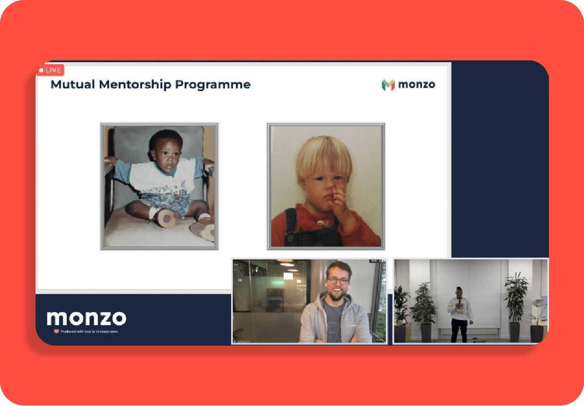 A screenshot of Heldiney one of our designers, and Jonas our Co-Founder at an All Hands meeting talking about their experiences of mutual mentoring.