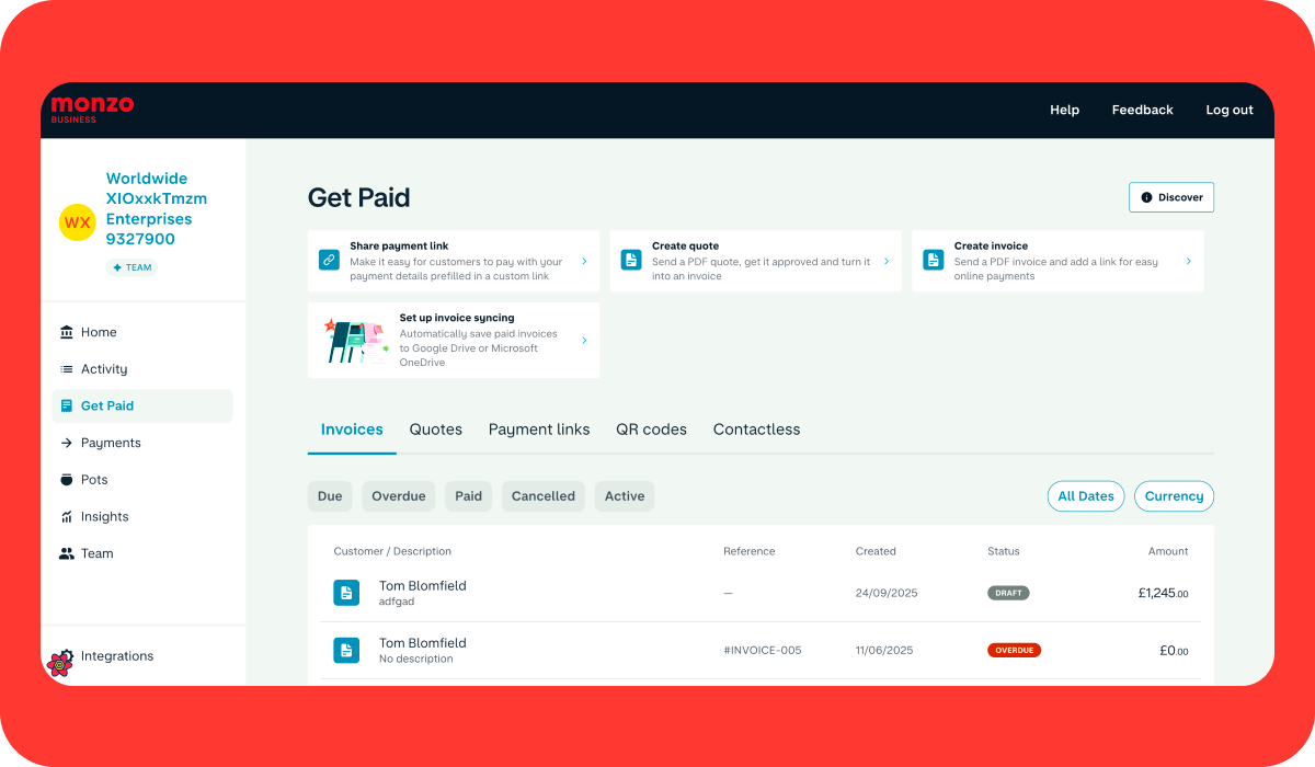 Monzo Business web showing ‘Get Paid’ heading after copy update