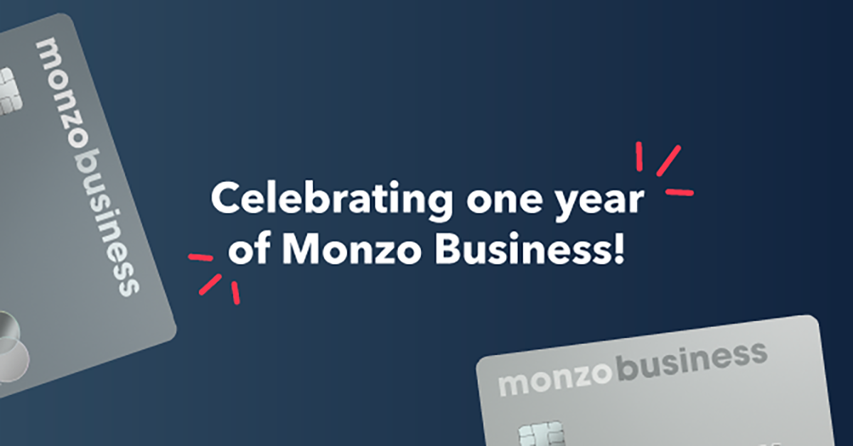 "Celebrating one year of Monzo Business!" on a blue background surrounded by Monzo Business cards