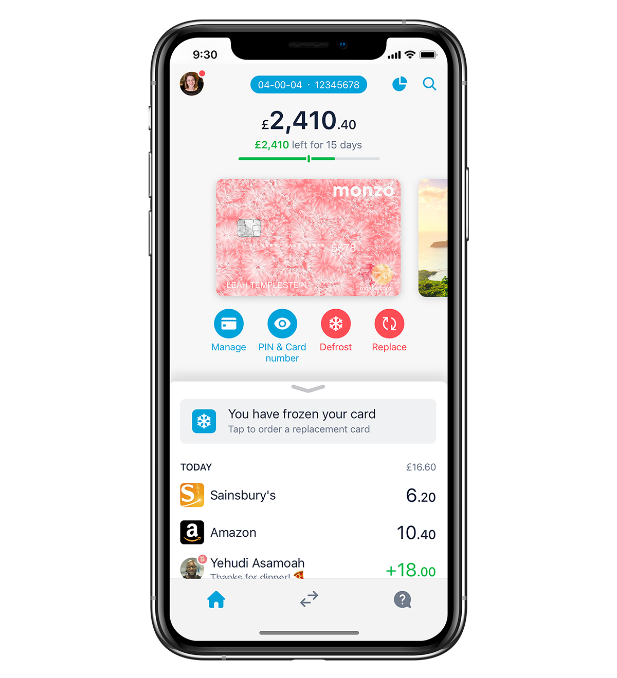 Screen showing the Monzo app and a frozen Monzo card