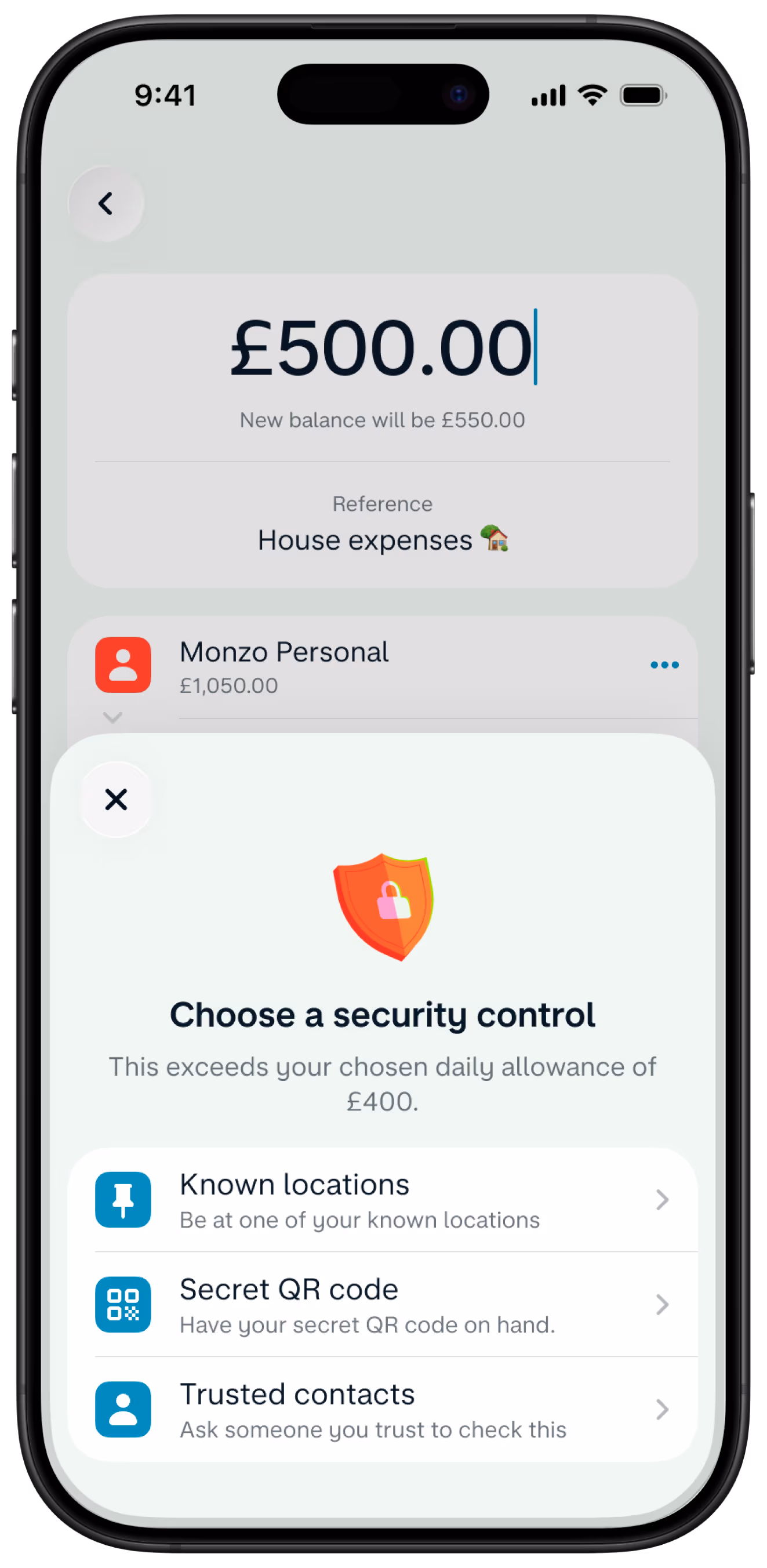 iPhone screen showing security controls like "Known locations" and "Secret QR code" for high-value transfers.