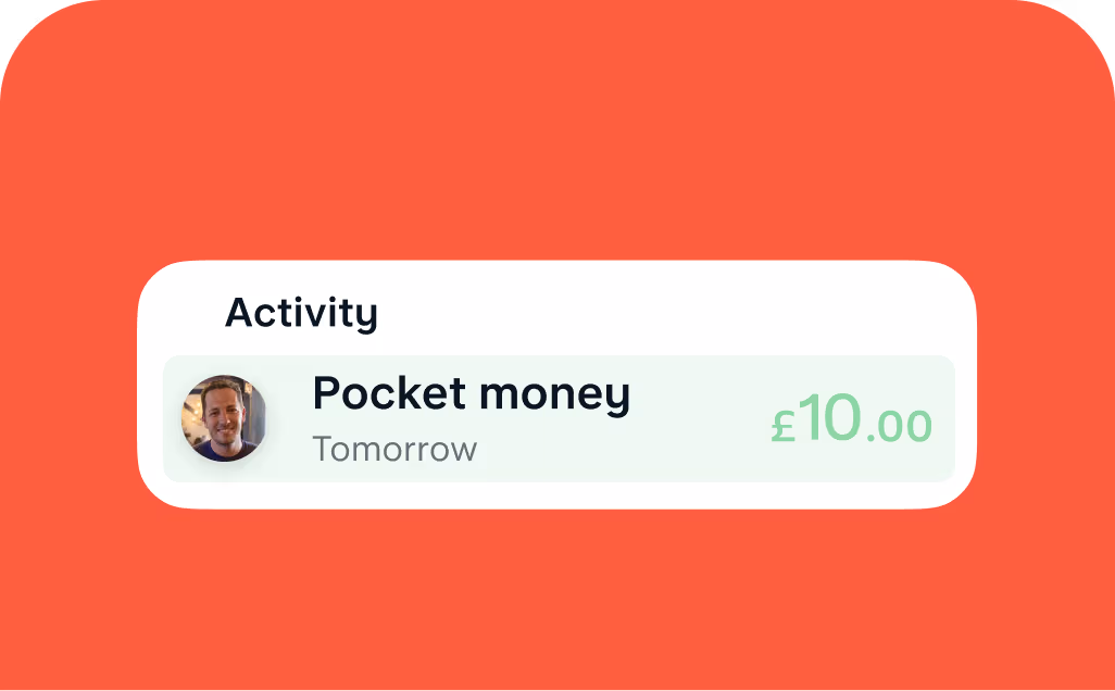 Monzo app screen showing a scheduled £10 pocket money payment due tomorrow.