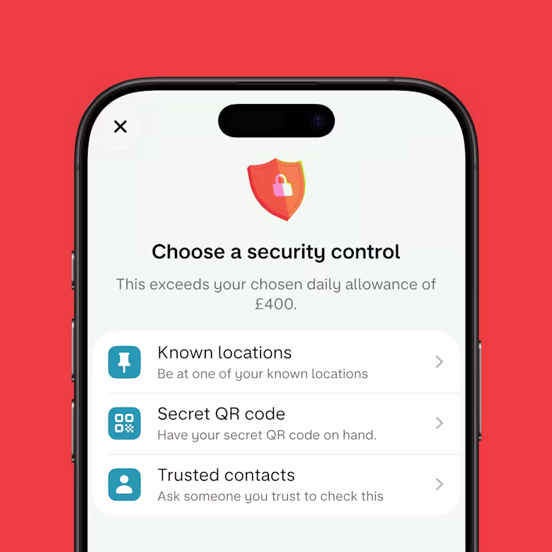 A smartphone showing an enhanced security approval prompt with options like known locations, a secret QR code, or trusted contacts to authorise a large transfer.