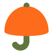 A minimalist illustration of an open orange umbrella with a green handle and top.