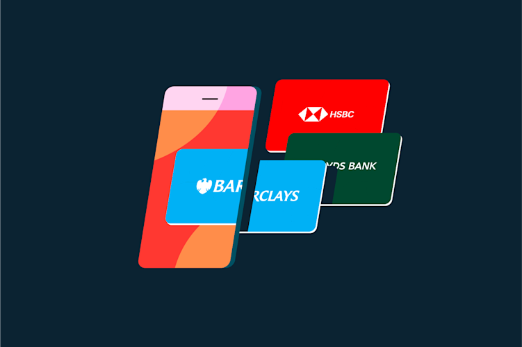 A light pink smartphone displays a blue Barclays card, with a red HSBC card and a dark green TSB Bank card floating beside it.