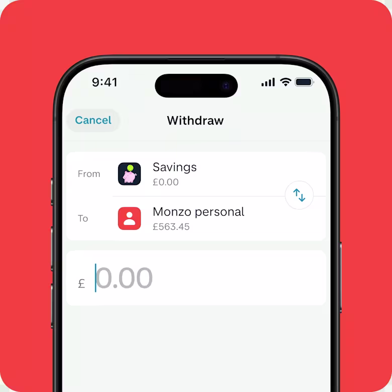A smartphone displaying the user interface for transferring funds from an instant access savings pot into a personal account.