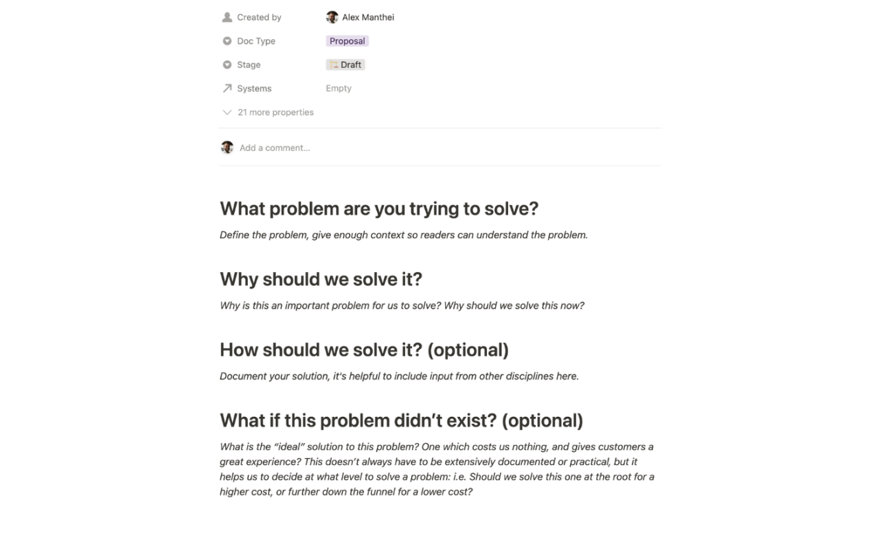 A screenshot showing part of an experiment proposal template on Notion. The headings include: What problem are we trying to solve? Why should we solve it? How should we solve it? What if this problem didn't exist?
