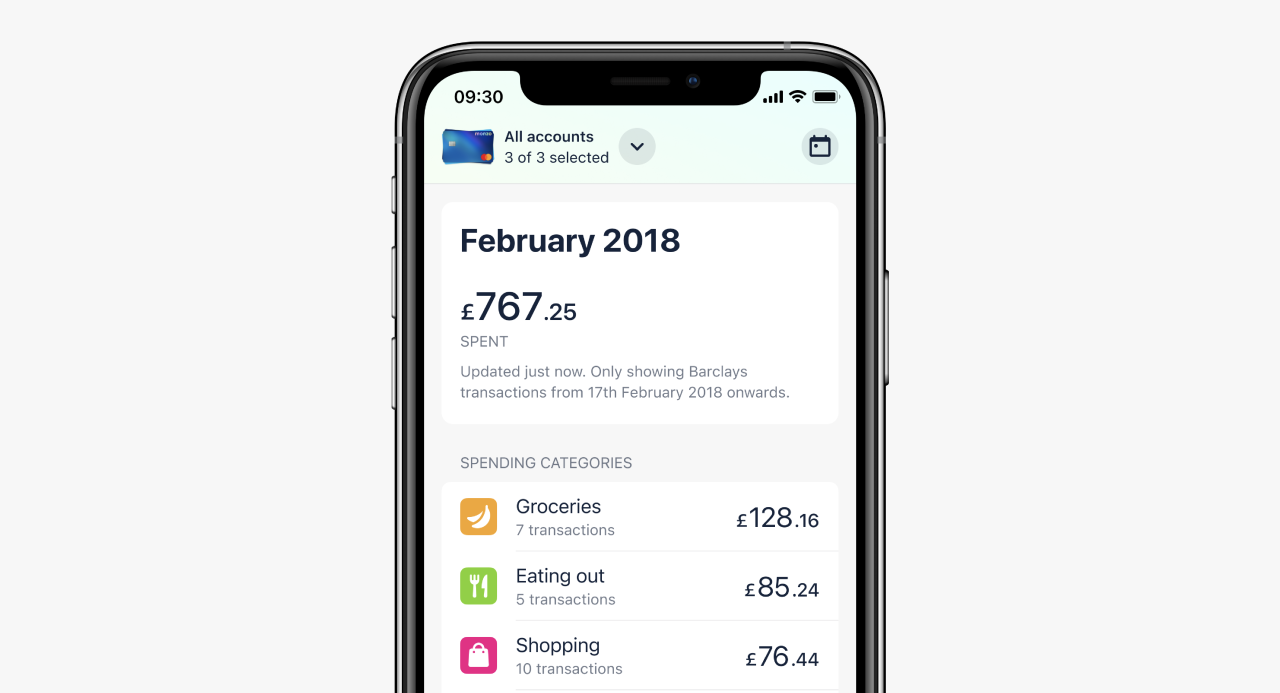 An app screen showing a view of Trends, looking back at spending and saving from February 2018 across three accounts.