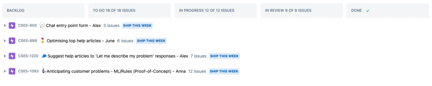 Key epics listed out on the JIRA board 