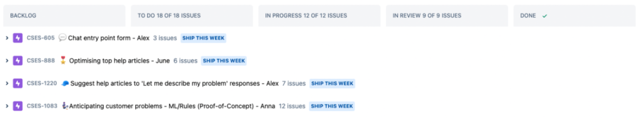 Key epics listed out on the JIRA board 