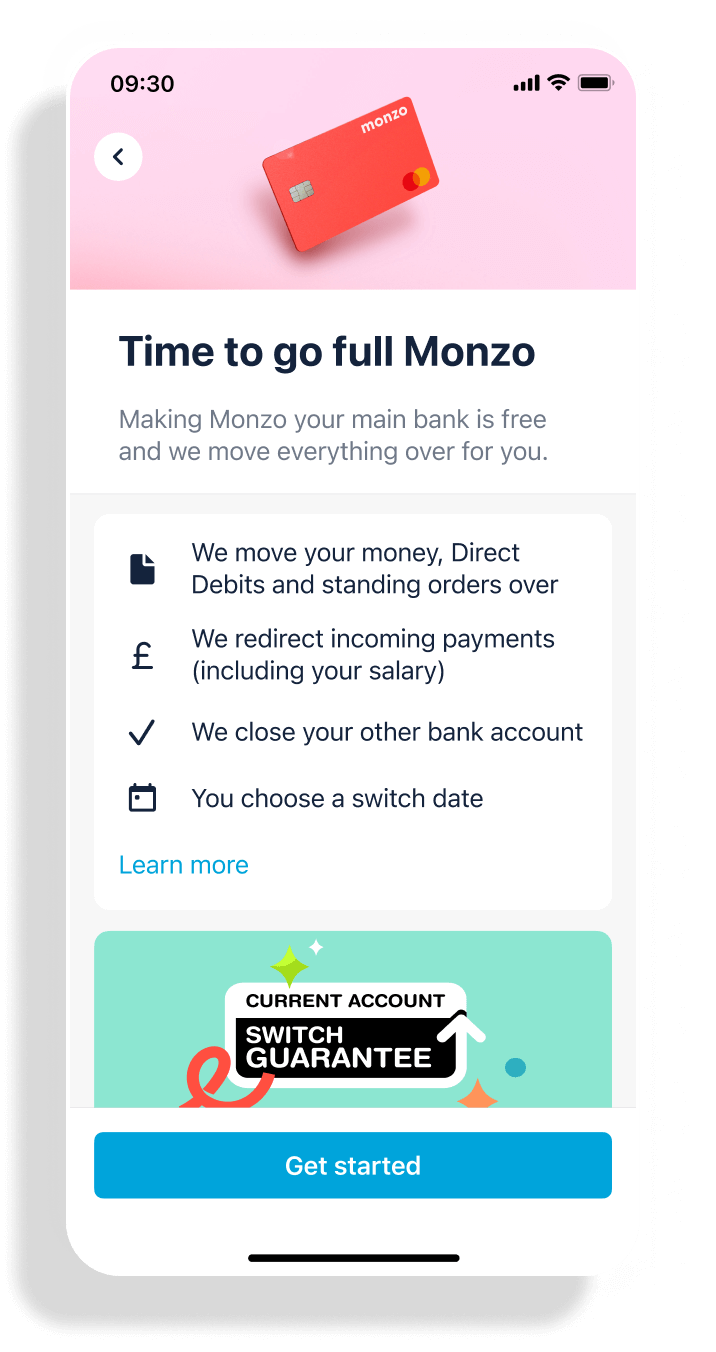 Current account switch screen with the message "Time to go full Monzo".
